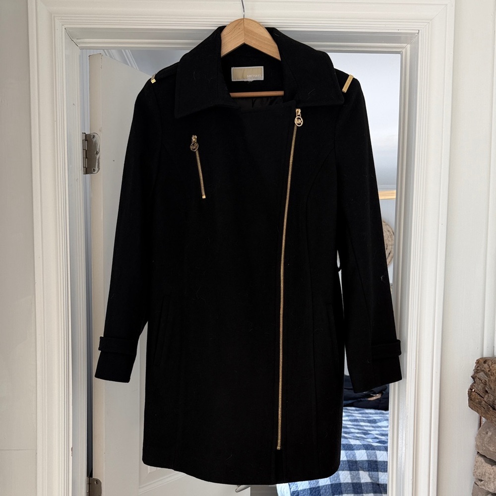 MICHAEL Michael Kors Black Pea Coat with Gold Accents